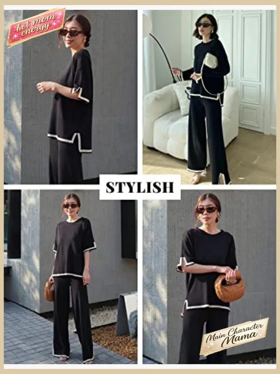 Knit Lounge Set Short Sleeve Pullover Elastic Waist Wide Leg Pants Y2K - Picture 2 of 7